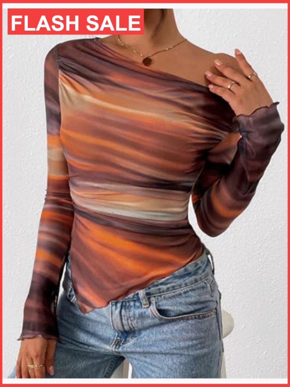 Slim Fit Off Shoulder Mesh Blouse Long Sleeve Asymmetrical Ruched Top - Picture 4 of 7